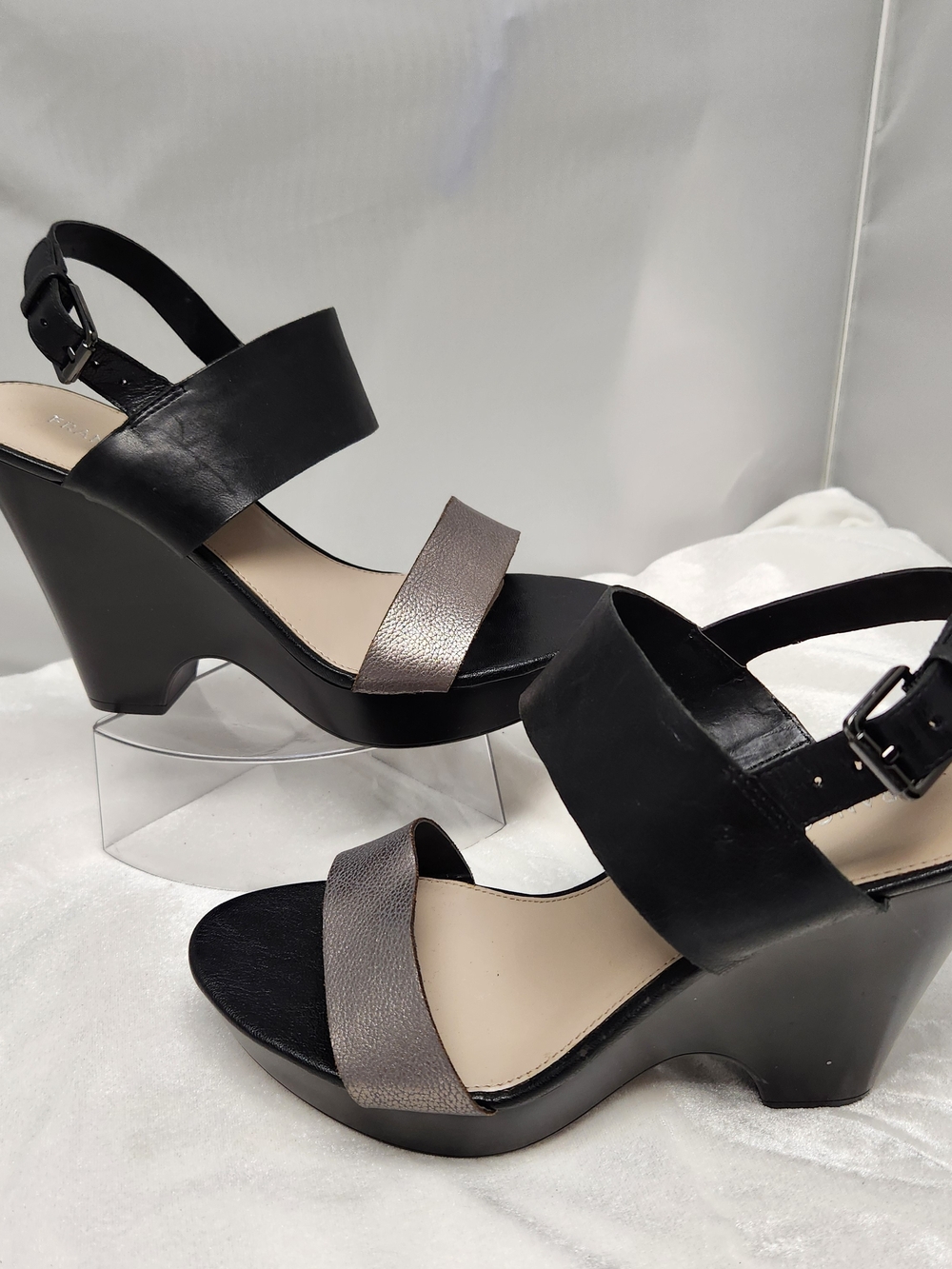 Franco Sarto Black Wedge Sandals with Metallic Taupe Strap